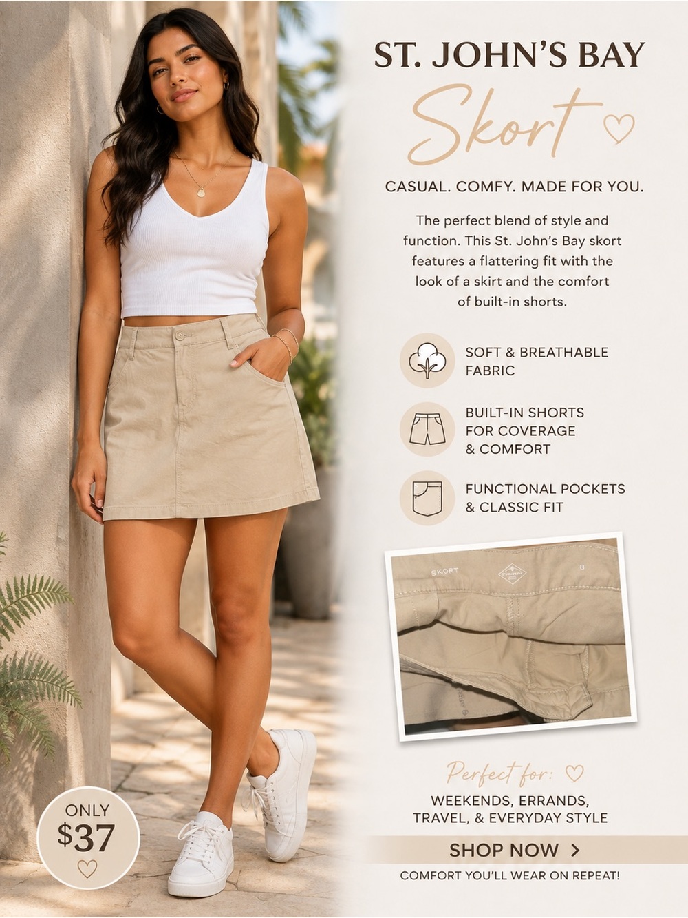 St. John's Bay Khaki Women's Skort with Pockets